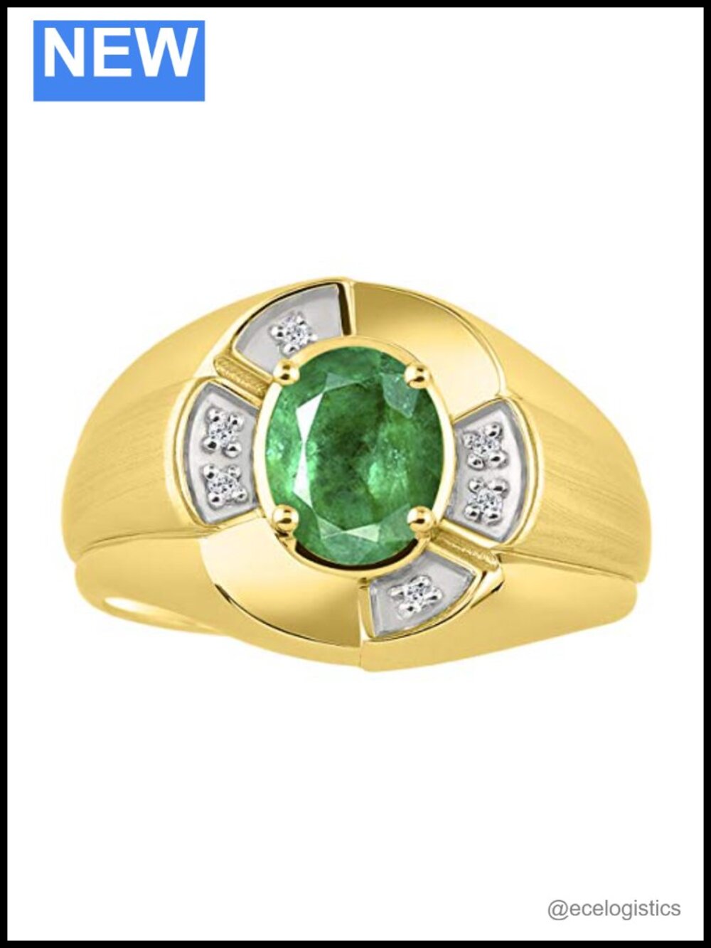 Yellow Gold Plated Silver Ring with Oval Emerald Gemstone & Diamonds